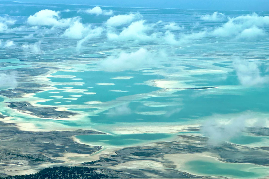 Christmas island fly fishing lodge bonefish flats from air